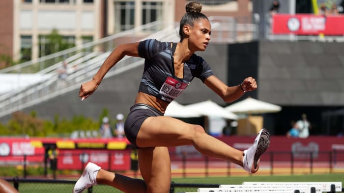 Sydney McLaughlin wins women's 400m hurdles heat in 54.07 for the top time during the US Olympic Team Trials at Hayward Field.